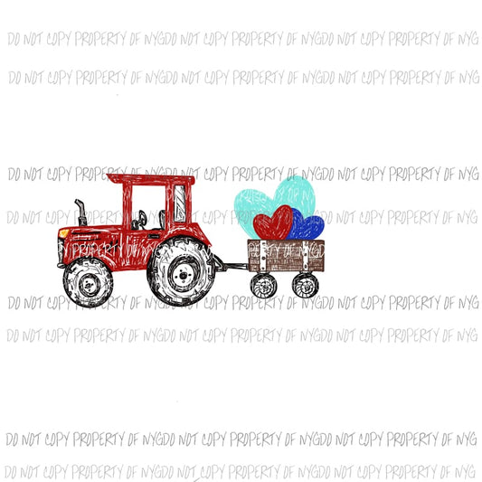 Tractor pulling Wagon hearts red blue aqua Valentines Day Sublimation transfers Heat Transfer