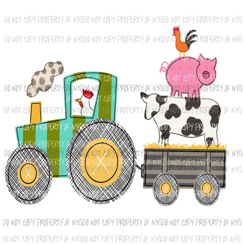 Tractor Wagon Farm Trio Cow Pig Chicken Sublimation transfers Heat Transfer