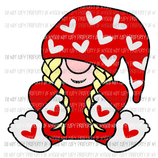 Valentines Day Gnome girl red hearts Sublimation transfers Heat Transfer