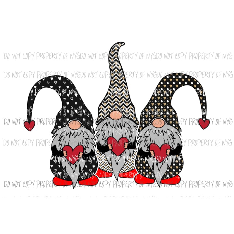 Valentines Gnomes #5 black red gold Sublimation transfers Heat Transfer