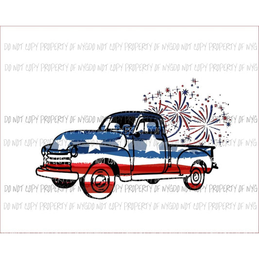 Vintage Truck flag red white blue fireworks Sublimation transfers Heat Transfer