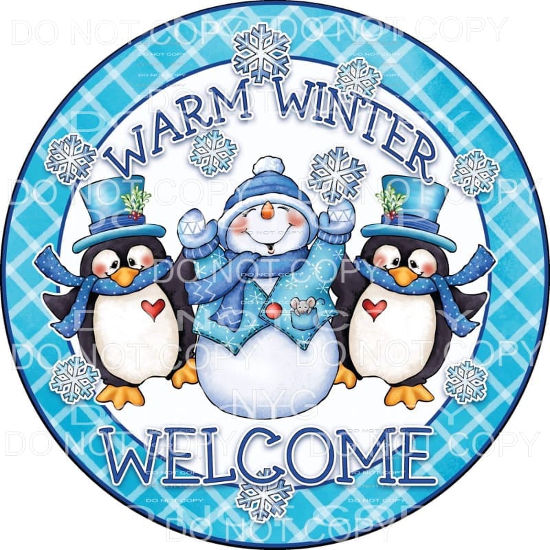 Warm Winter Welcome Snowman Penguins Snowflakes Blue Plaid 