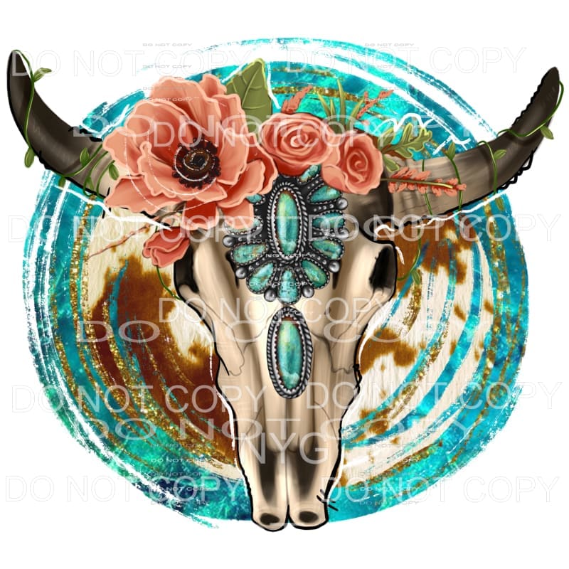 Western Bull Skull Flowers Turquoise Gemstone Cowhilde Blue 