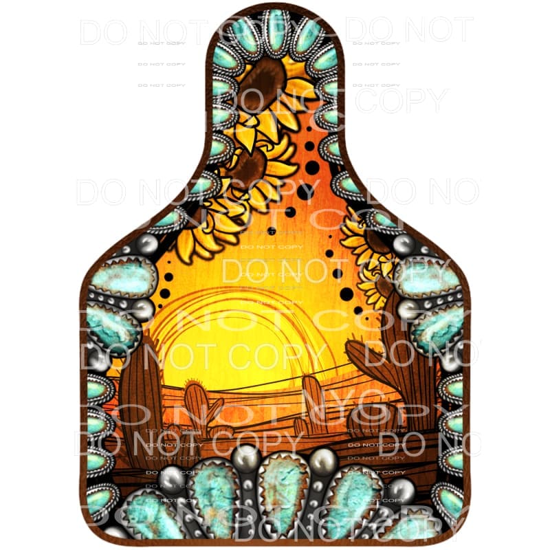 Western Desert Sunflowers Turquoise Gemstone Cow Tag #2038 