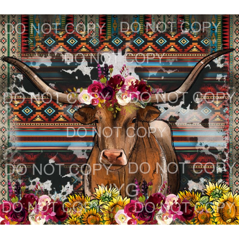Western Longhorn Floral Aztec Sublimation transfers - Heat 