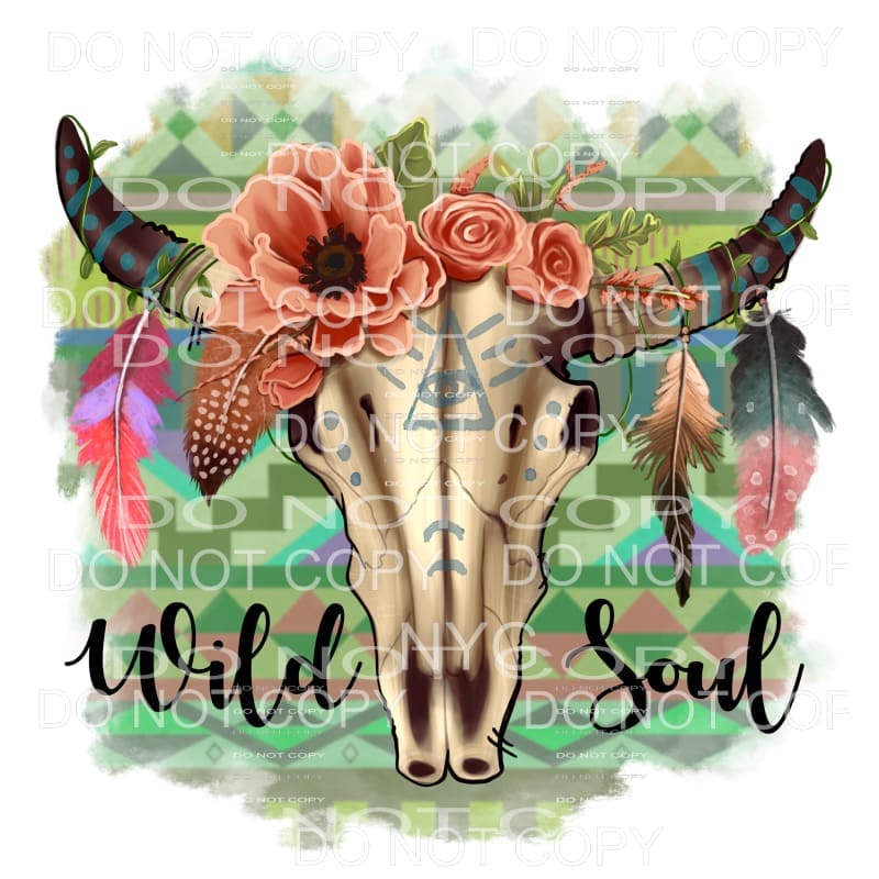 Wild Soul Floral Bull Skull Feathers Aztec Background #2043 